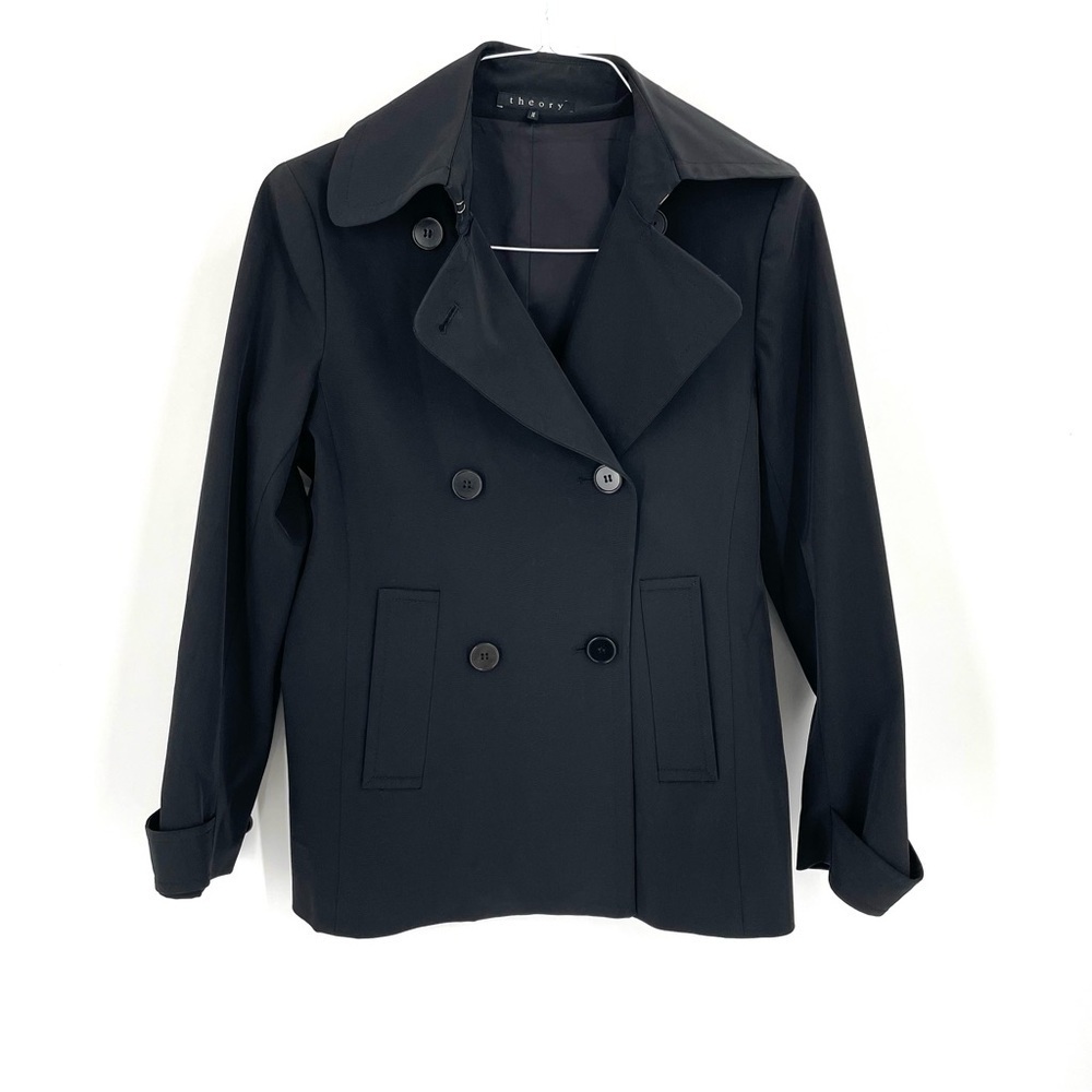 THEORY Black Double Breasted Water Resistant Quiet Luxury Peacoat